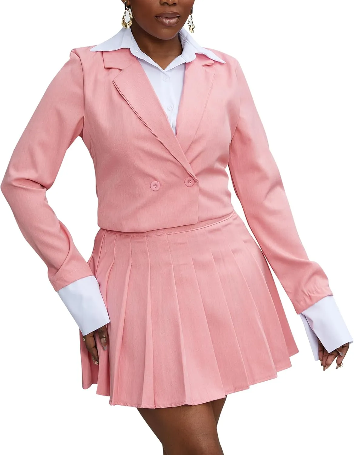 Tcremisa Womens Casual 2 Piece Business Outfits Office Cropped Blazer Jacket and Pleated Mini Skirt Suits Set