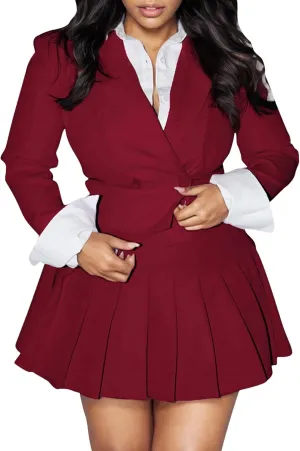 Tcremisa Womens Casual 2 Piece Business Outfits Office Cropped Blazer Jacket and Pleated Mini Skirt Suits Set