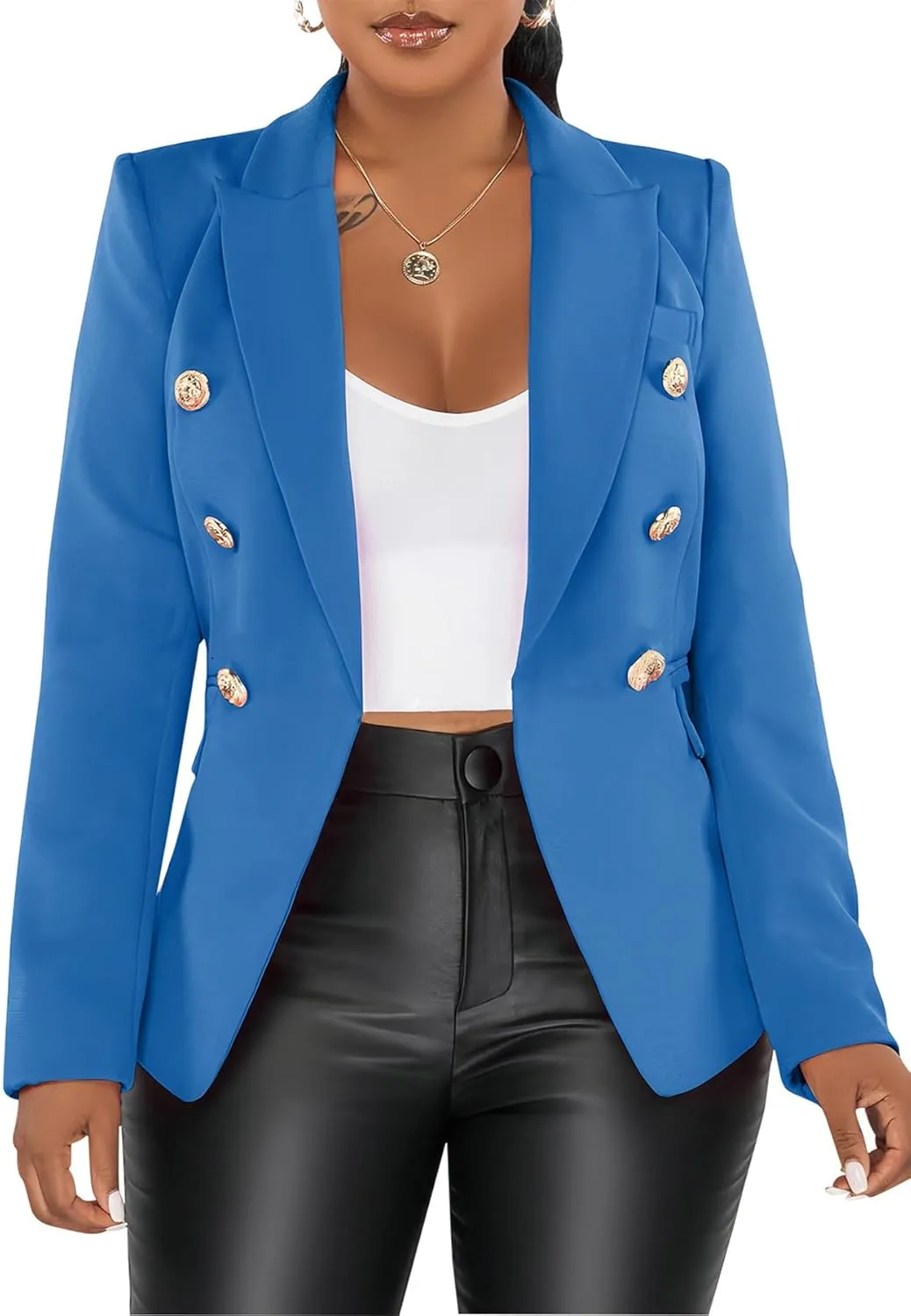 Tcremisa Women's Casual Blazers Long Sleeve Double-Breasted Blazer Jacket Dressy Slim Fit Business Work Office Suit