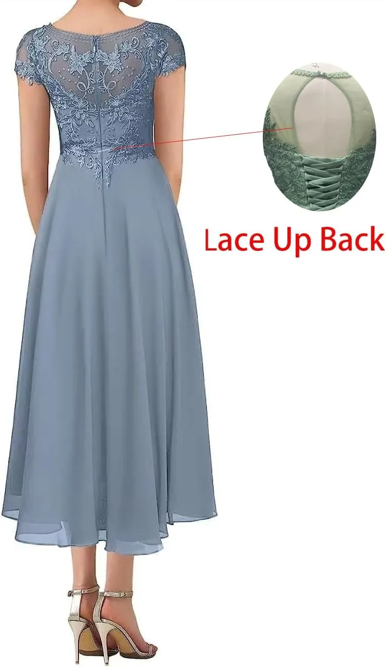 Tea Length Mother of The Bride Dress with Sleeve Lace Chiffon Formal Evening Party Gowns for Women