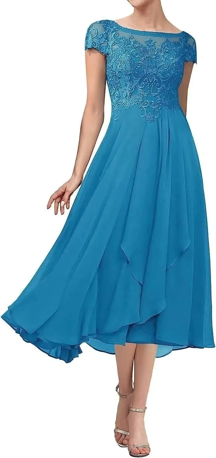 Tea Length Mother of The Bride Dress with Sleeve Lace Chiffon Formal Evening Party Gowns for Women