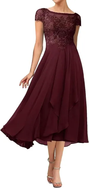 Tea Length Mother of The Bride Dress with Sleeve Lace Chiffon Formal Evening Party Gowns for Women