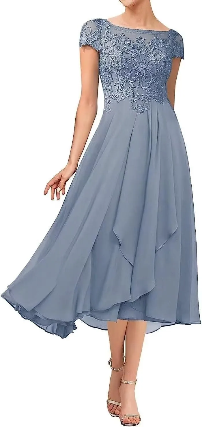 Tea Length Mother of The Bride Dress with Sleeve Lace Chiffon Formal Evening Party Gowns for Women
