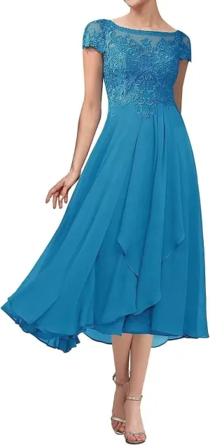 Tea Length Mother of The Bride Dress with Sleeve Lace Chiffon Formal Evening Party Gowns for Women