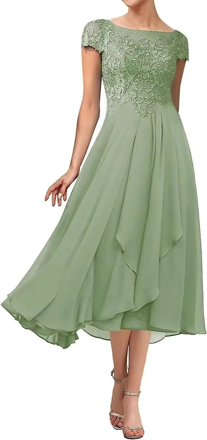 Tea Length Mother of The Bride Dress with Sleeve Lace Chiffon Formal Evening Party Gowns for Women