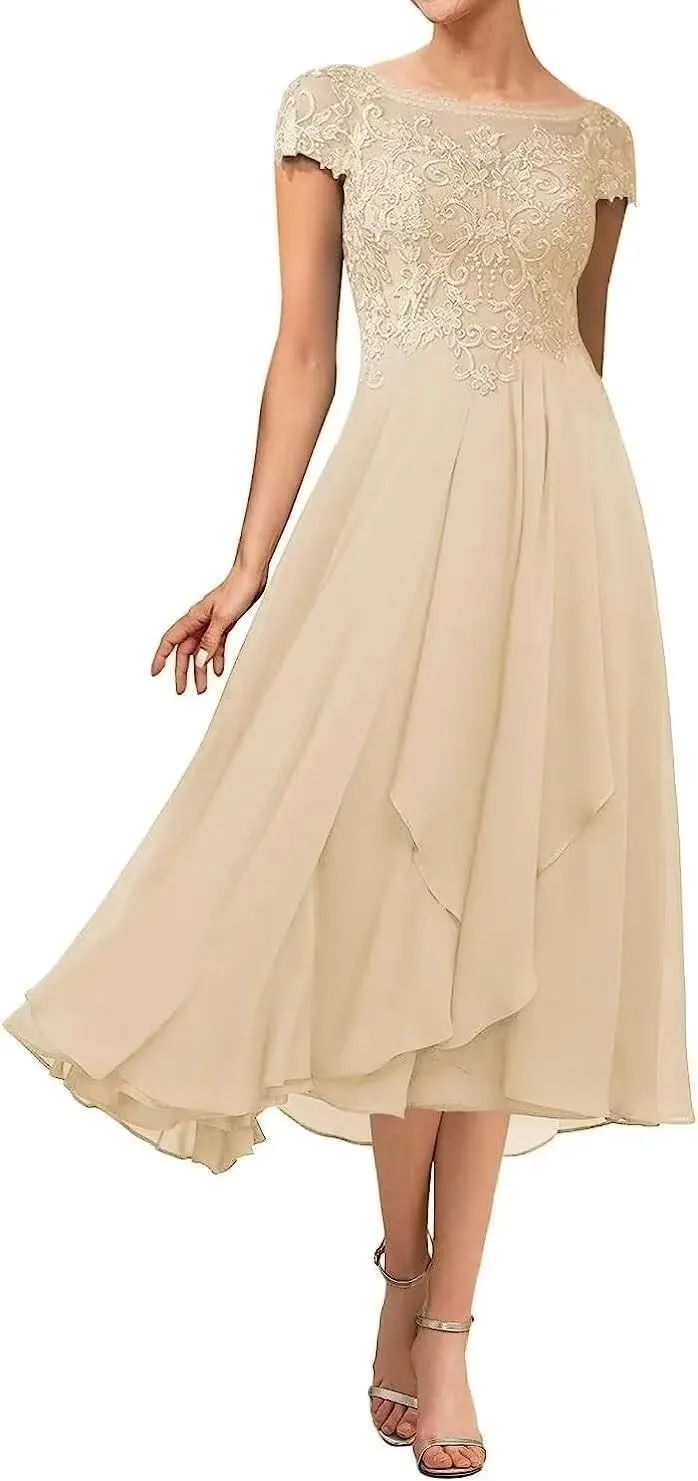 Tea Length Mother of The Bride Dress with Sleeve Lace Chiffon Formal Evening Party Gowns for Women