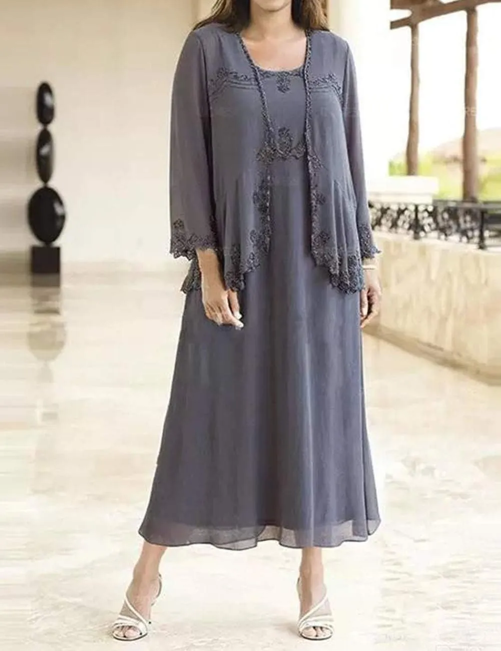 Tea Length Mother of The Bride Dresses Chiffon Evening Formal Dress Lace Wedding Guest Groom Dress Plus Size Jacket