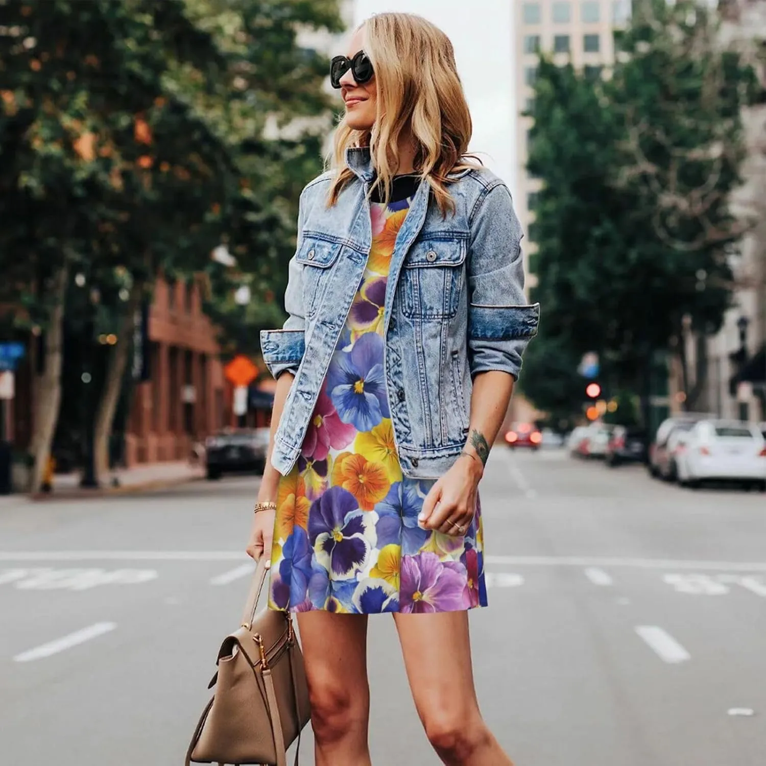 The Garden Tricolor Pansy Flower Print Summer Dresses for Women Sleeveless Casual Sundresses Beach Cover with Pocket