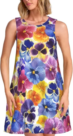 The Garden Tricolor Pansy Flower Print Summer Dresses for Women Sleeveless Casual Sundresses Beach Cover with Pocket