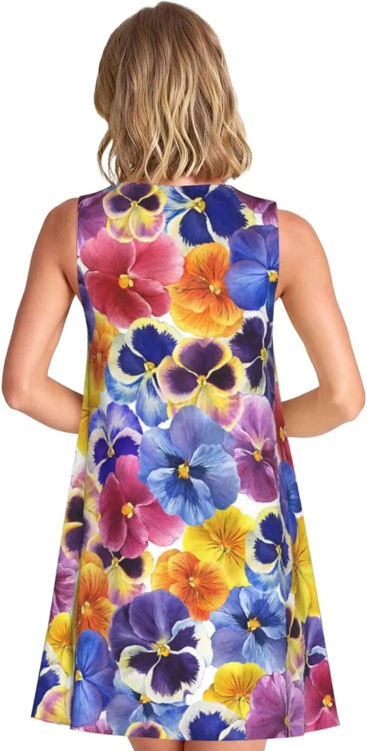 The Garden Tricolor Pansy Flower Print Summer Dresses for Women Sleeveless Casual Sundresses Beach Cover with Pocket