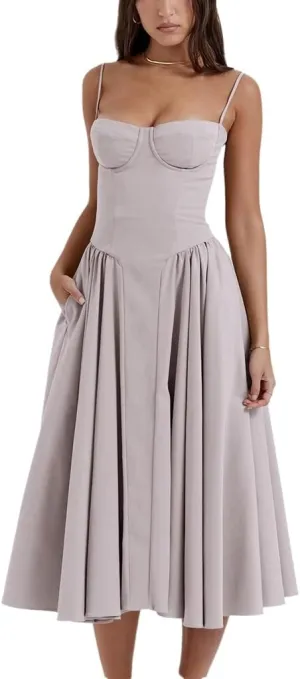 THLAI Summer Floral Dress for Women Camisole Corset Dress Flowy Sundress Midi Bustier Dress Midi Boho Dress Patry Dress