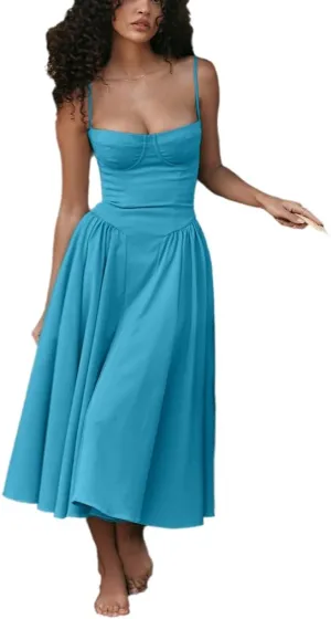 THLAI Summer Floral Dress for Women Camisole Corset Dress Flowy Sundress Midi Bustier Dress Midi Boho Dress Patry Dress