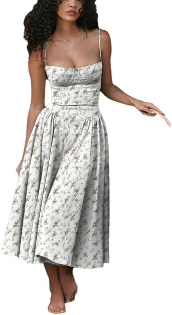 THLAI Summer Floral Dress for Women Camisole Corset Dress Flowy Sundress Midi Bustier Dress Midi Boho Dress Patry Dress