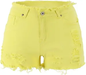 THUNDER STAR Ripped Jean Shorts for Women Mid Rise Frayed Raw Hem Stretchy Denim Shorts