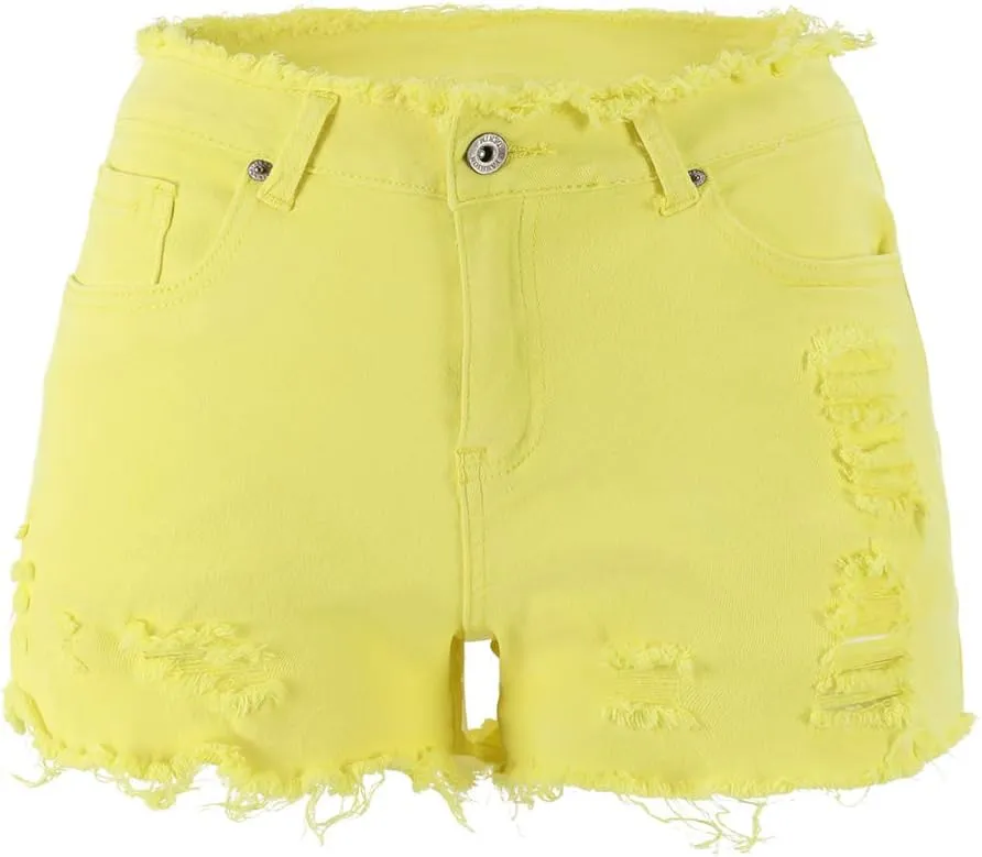 THUNDER STAR Ripped Jean Shorts for Women Mid Rise Frayed Raw Hem Stretchy Denim Shorts