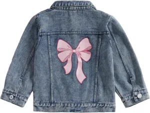 Toddler Baby Girls Jacket Bow Print Jean Jacket Lapel Button Down Denim Shirt Coat Outerwear Spring Clothes