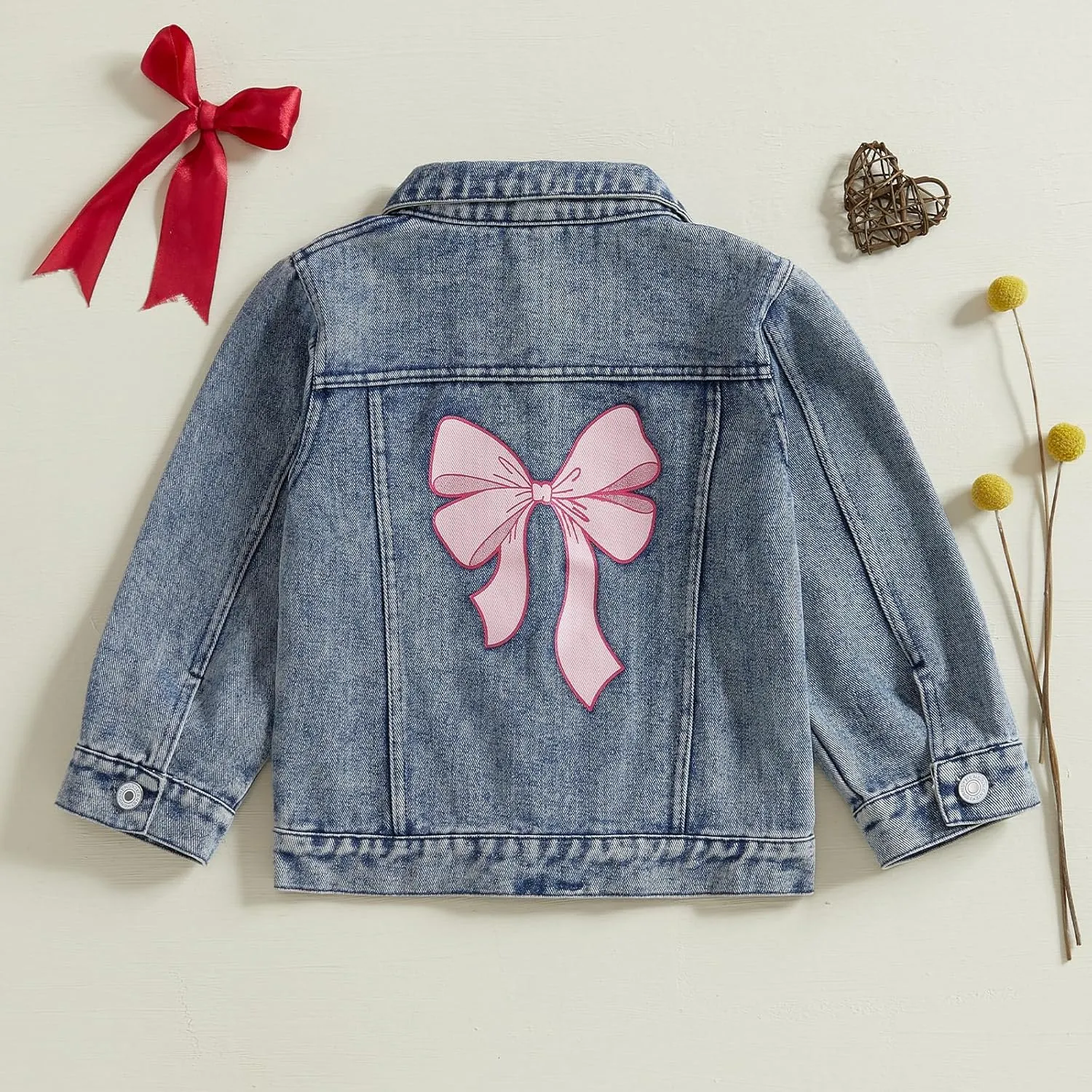 Toddler Baby Girls Jacket Bow Print Jean Jacket Lapel Button Down Denim Shirt Coat Outerwear Spring Clothes