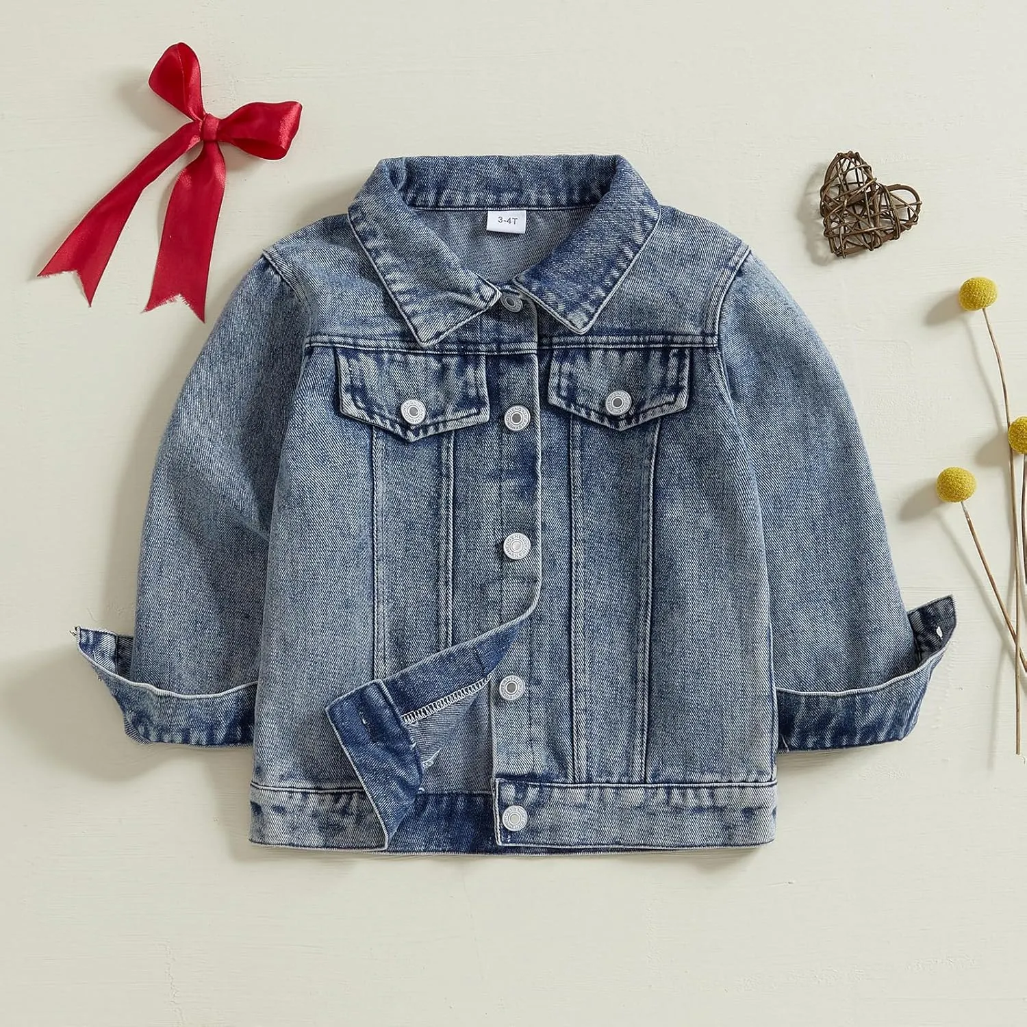 Toddler Baby Girls Jacket Bow Print Jean Jacket Lapel Button Down Denim Shirt Coat Outerwear Spring Clothes