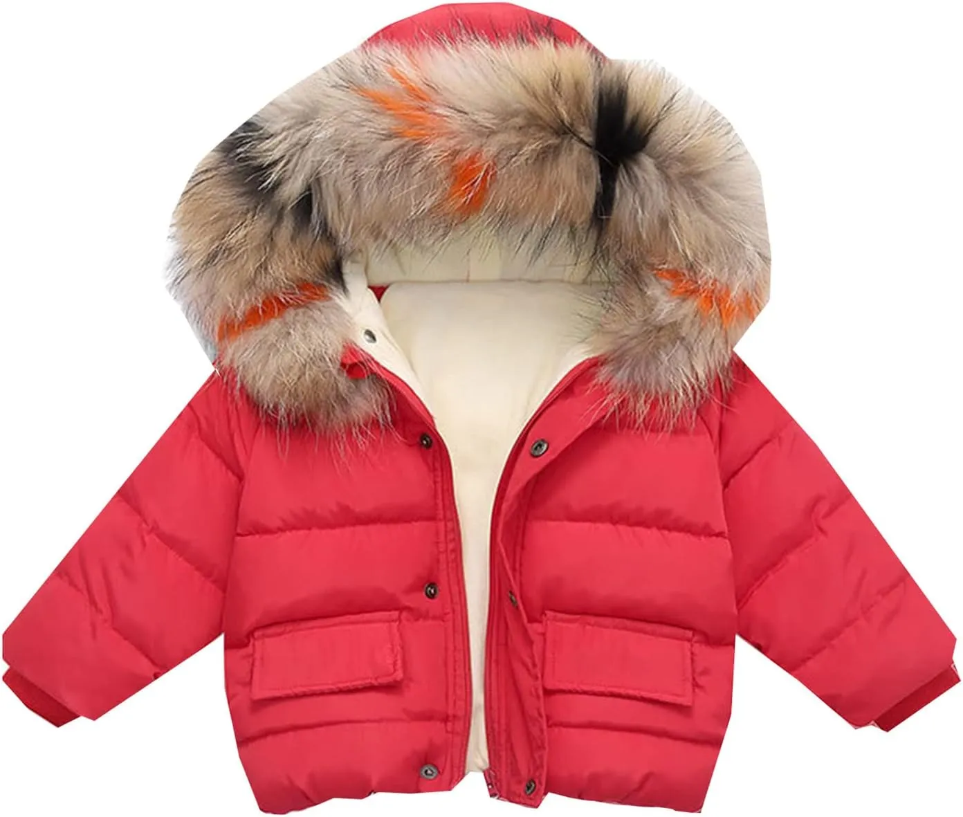 Toddler Baby Girls Warm Puffer Coat Winter Cute Fu Hood Cotton Padded Down Jacket Button Zip Up Winter Coat Boy Large