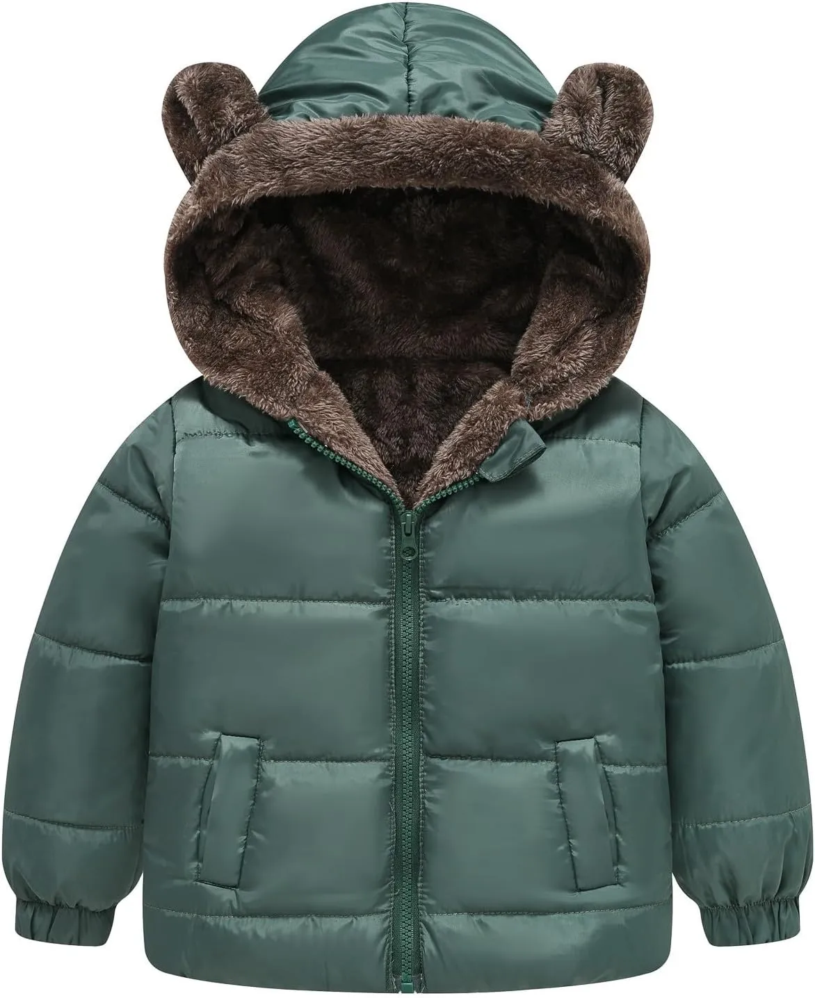Toddler Boys Girls Fleece Jacket Solid Color Bear Ears Cute Hooded Pocket Short Cotton Padded Coat Kids Jacket