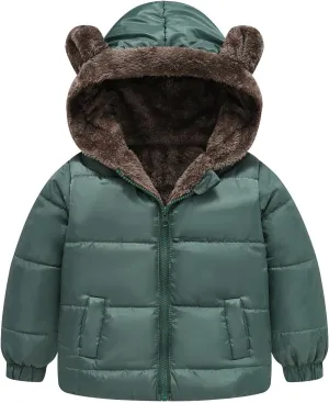Toddler Boys Girls Fleece Jacket Solid Color Bear Ears Cute Hooded Pocket Short Cotton Padded Coat Kids Jacket