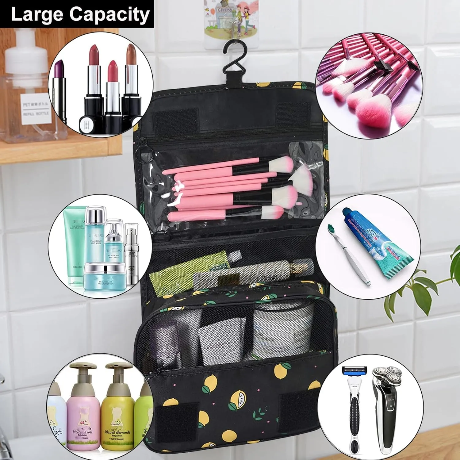 Travel Toiletry Bag for Women, Hanging Toiletry Bag with Multi-Pockets, Toiletry Bag for Traveling Easy Clean, Travel Organizer Bag Black-Lemon