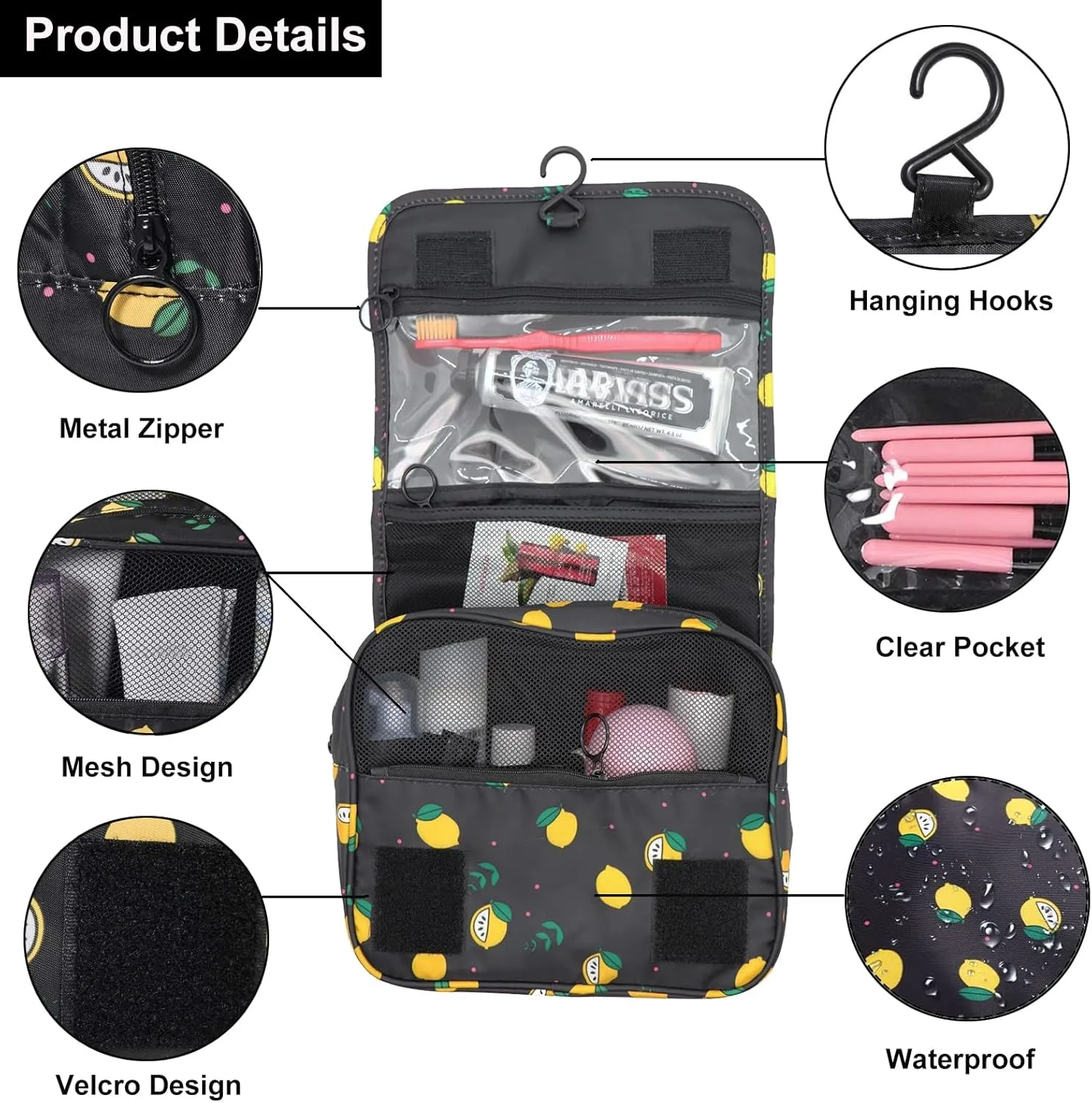 Travel Toiletry Bag for Women, Hanging Toiletry Bag with Multi-Pockets, Toiletry Bag for Traveling Easy Clean, Travel Organizer Bag Black-Lemon