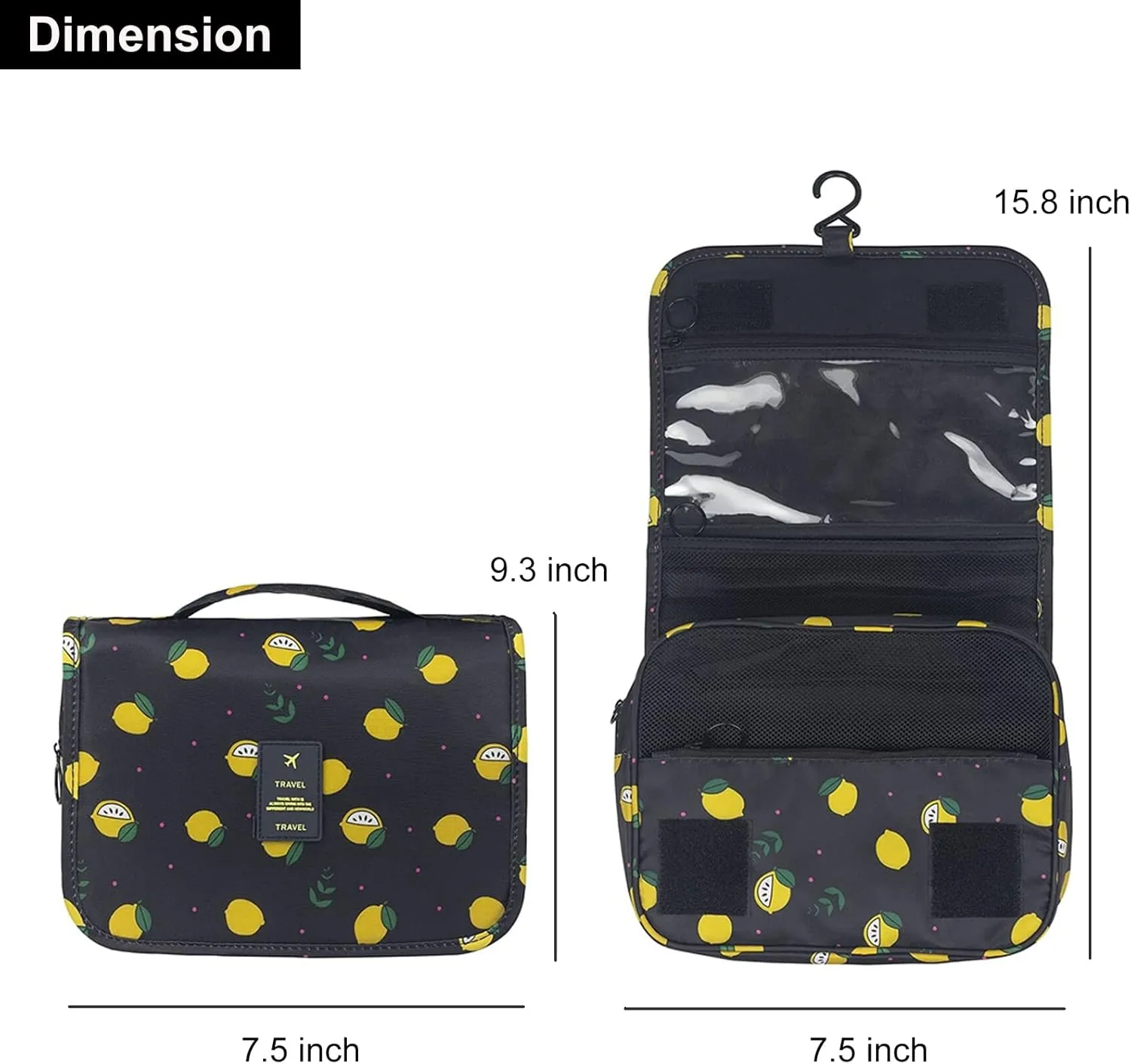 Travel Toiletry Bag for Women, Hanging Toiletry Bag with Multi-Pockets, Toiletry Bag for Traveling Easy Clean, Travel Organizer Bag Black-Lemon