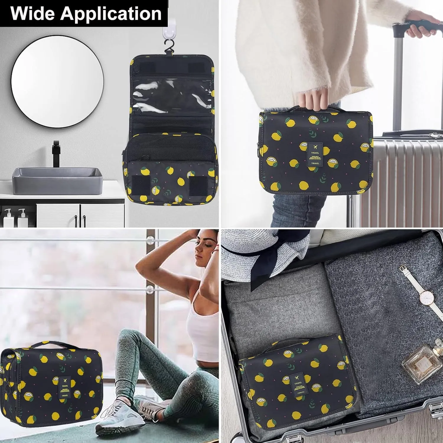 Travel Toiletry Bag for Women, Hanging Toiletry Bag with Multi-Pockets, Toiletry Bag for Traveling Easy Clean, Travel Organizer Bag Black-Lemon