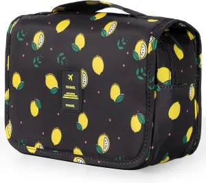 Travel Toiletry Bag for Women, Hanging Toiletry Bag with Multi-Pockets, Toiletry Bag for Traveling Easy Clean, Travel Organizer Bag Black-Lemon