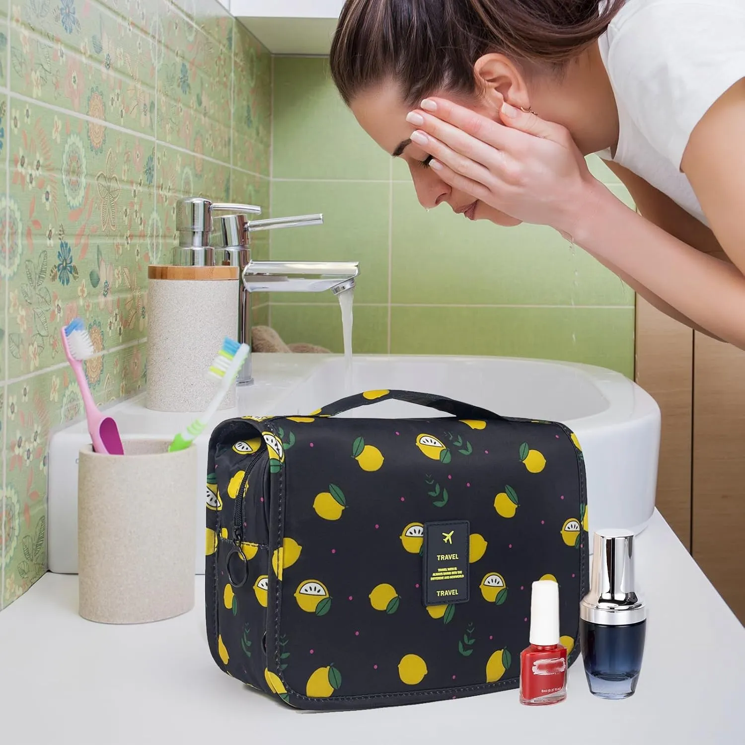 Travel Toiletry Bag for Women, Hanging Toiletry Bag with Multi-Pockets, Toiletry Bag for Traveling Easy Clean, Travel Organizer Bag Black-Lemon