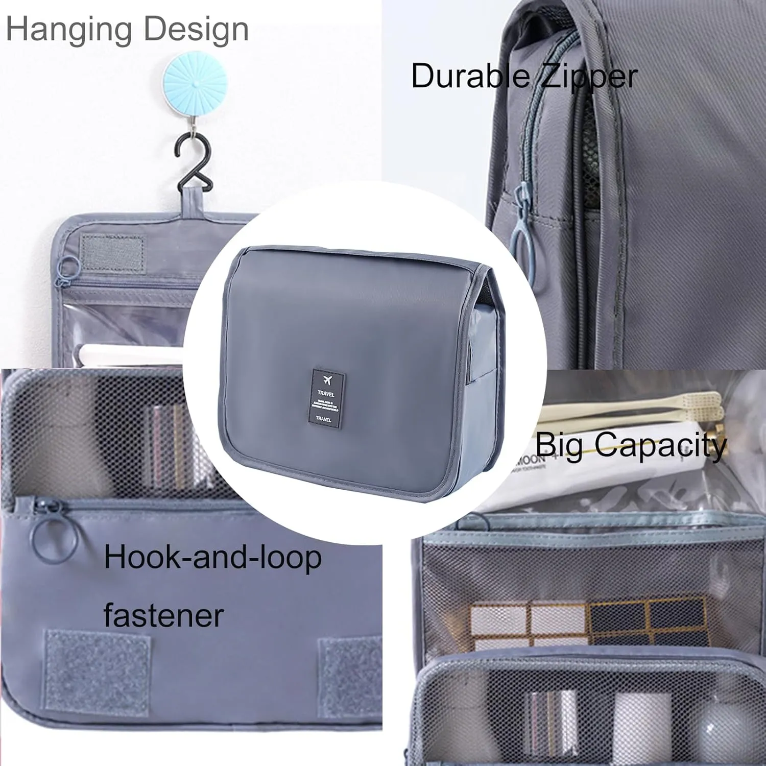 Travel Toiletry Bag for Women, Hanging Toiletry Bag with Multi-Pockets, Toiletry Bag for Traveling Easy Clean, Travel Organizer Bag Gray