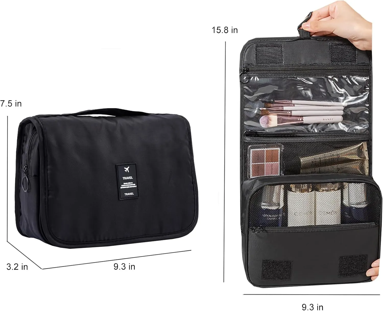 Travel Toiletry Bag for Women, Hanging Toiletry Bag with Multi-Pockets, Toiletry Bag for Traveling Easy Clean, Travel Organizer Black