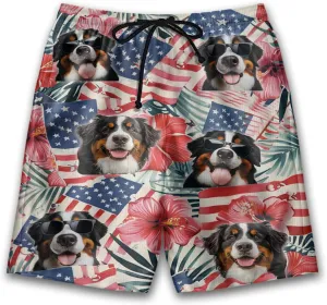 Tropical Dog Mens Swim Trunks - US Patriot Hawaiian Mens Shorts Casual, Summer Drawstring Beachwear Shorts