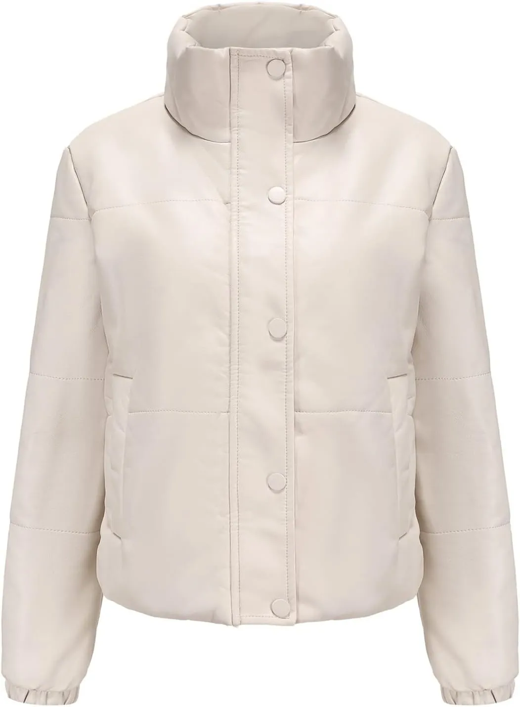 tuduoms Women Faux Leather Puffer Jacket Stand Collar Crop Short Winter Bubble Coat Waterproof Quilted Lightweight Parka Coat