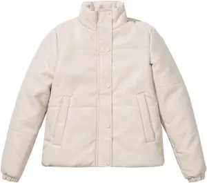 tuduoms Women Faux Leather Puffer Jacket Stand Collar Crop Short Winter Bubble Coat Waterproof Quilted Lightweight Parka Coat