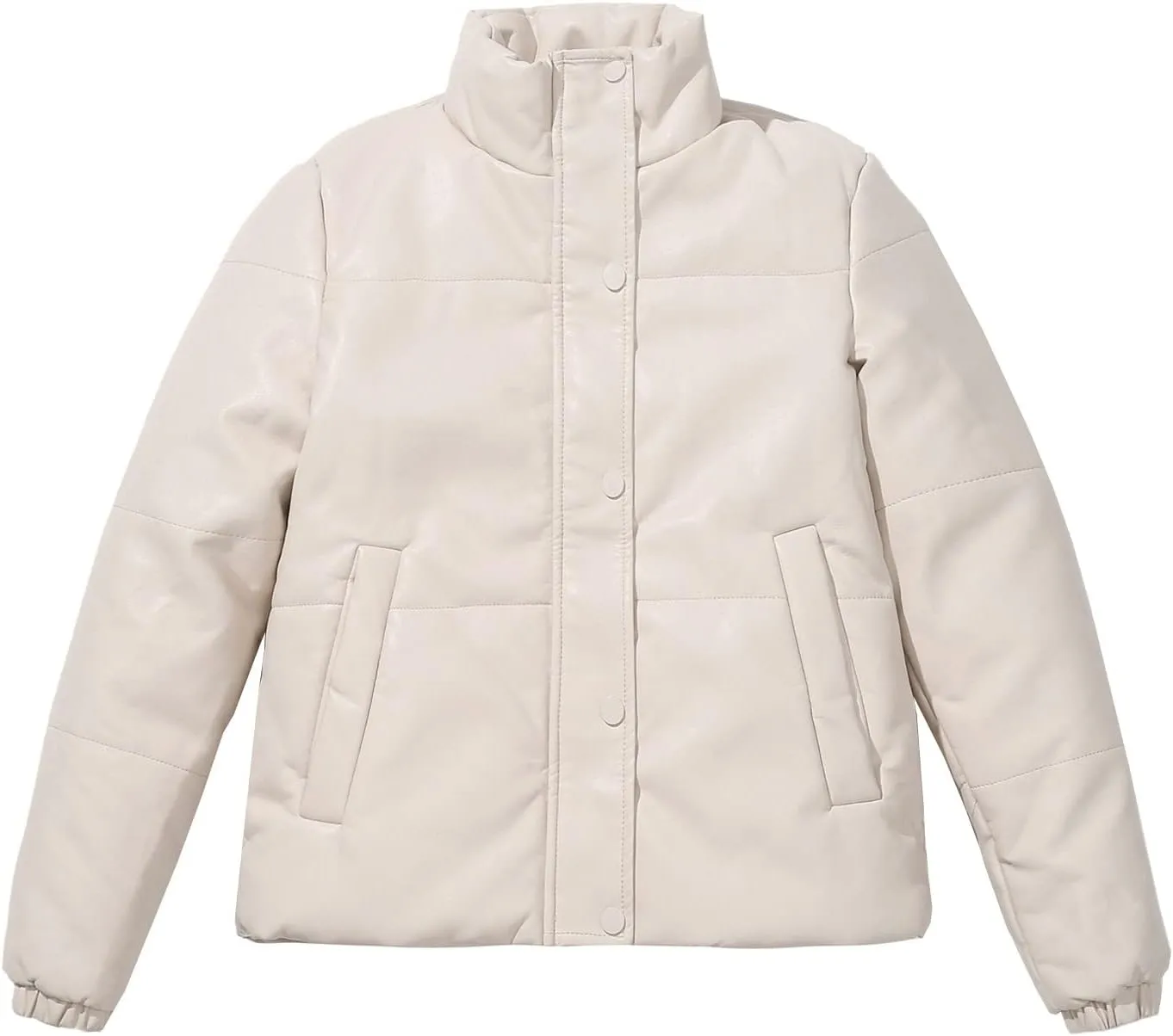 tuduoms Women Faux Leather Puffer Jacket Stand Collar Crop Short Winter Bubble Coat Waterproof Quilted Lightweight Parka Coat