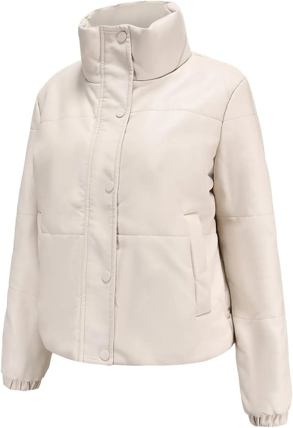 tuduoms Women Faux Leather Puffer Jacket Stand Collar Crop Short Winter Bubble Coat Waterproof Quilted Lightweight Parka Coat