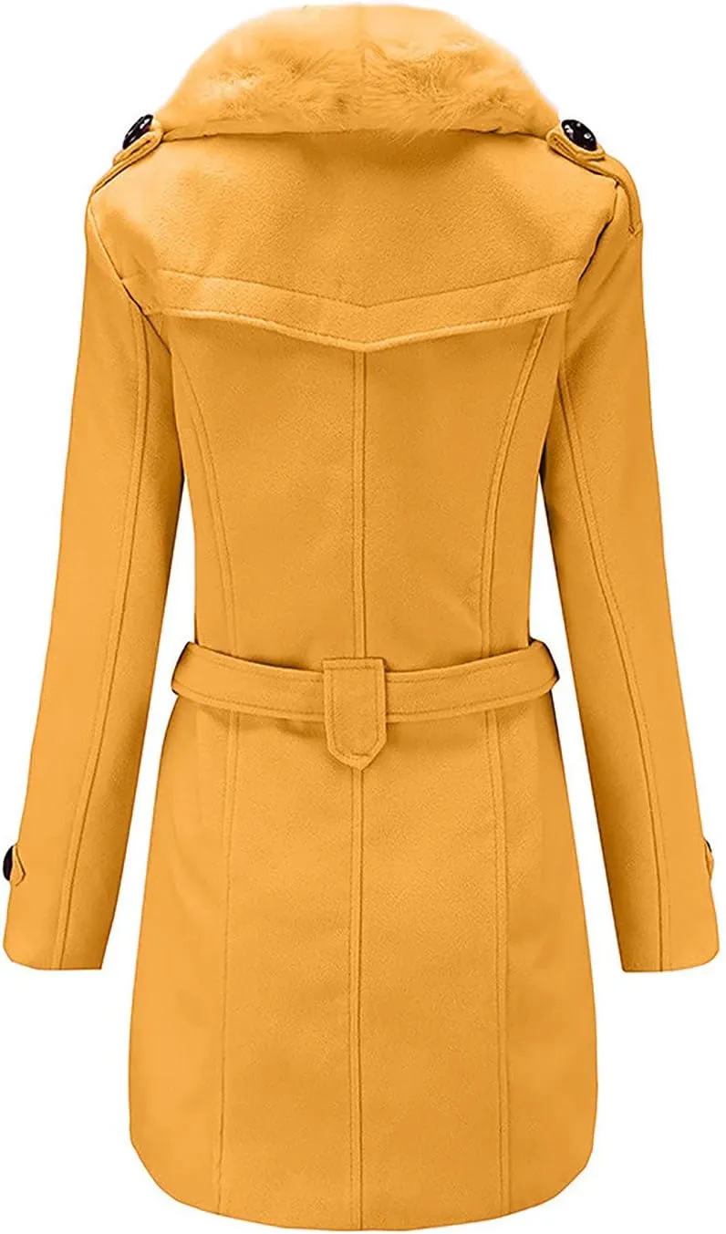 tuduoms Womens Double Breasted Trench Coat Classic Belted Long Pea Coat Elegant Notched Collar Wool Overcoat with Fur Collar