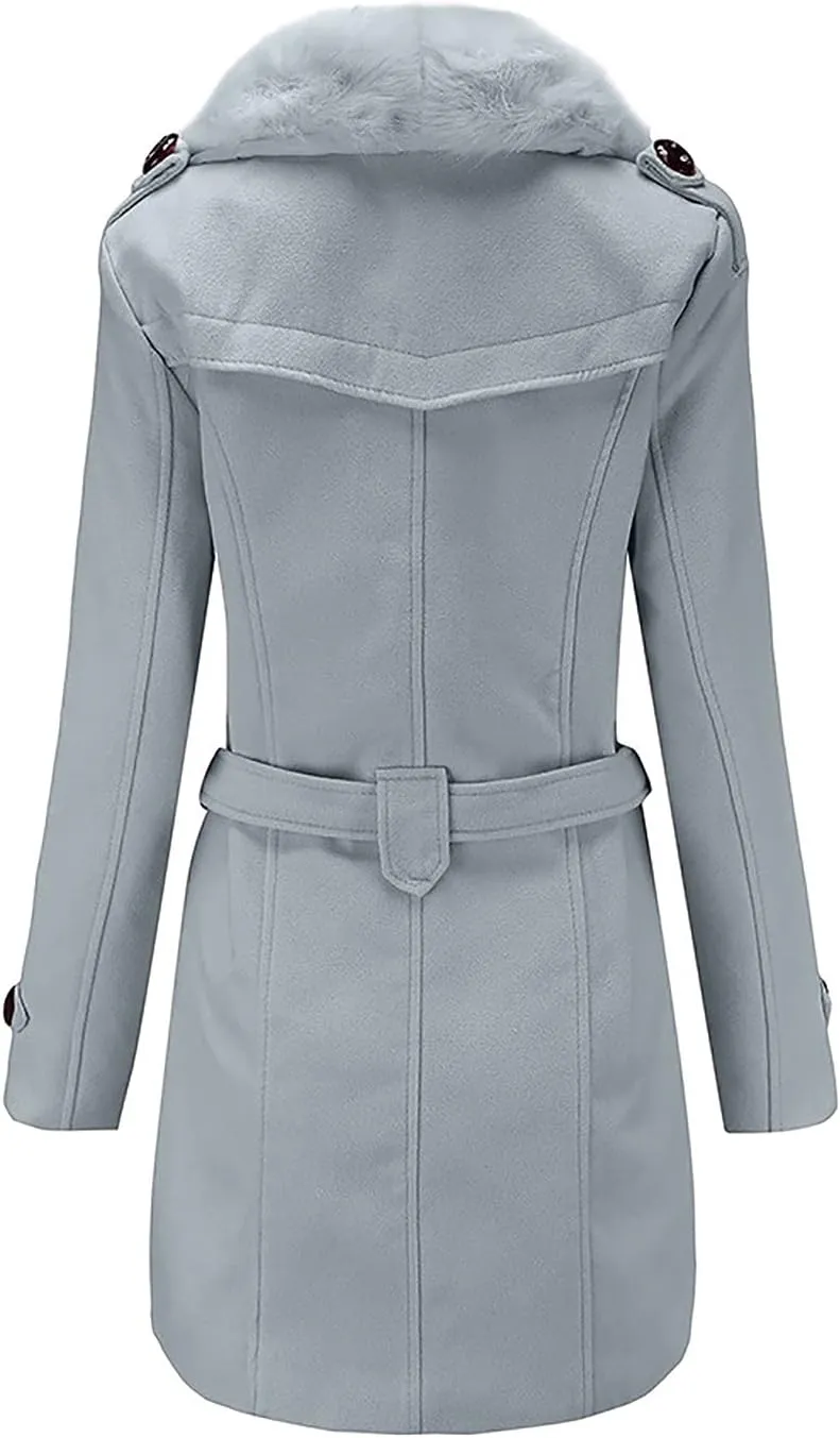 tuduoms Womens Double Breasted Trench Coat Classic Belted Long Pea Coat Elegant Notched Collar Wool Overcoat with Fur Collar
