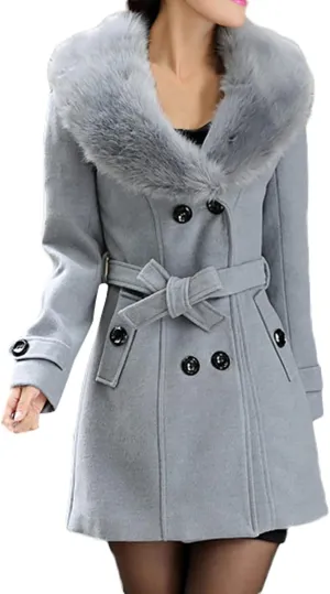tuduoms Womens Double Breasted Trench Coat Classic Belted Long Pea Coat Elegant Notched Collar Wool Overcoat with Fur Collar