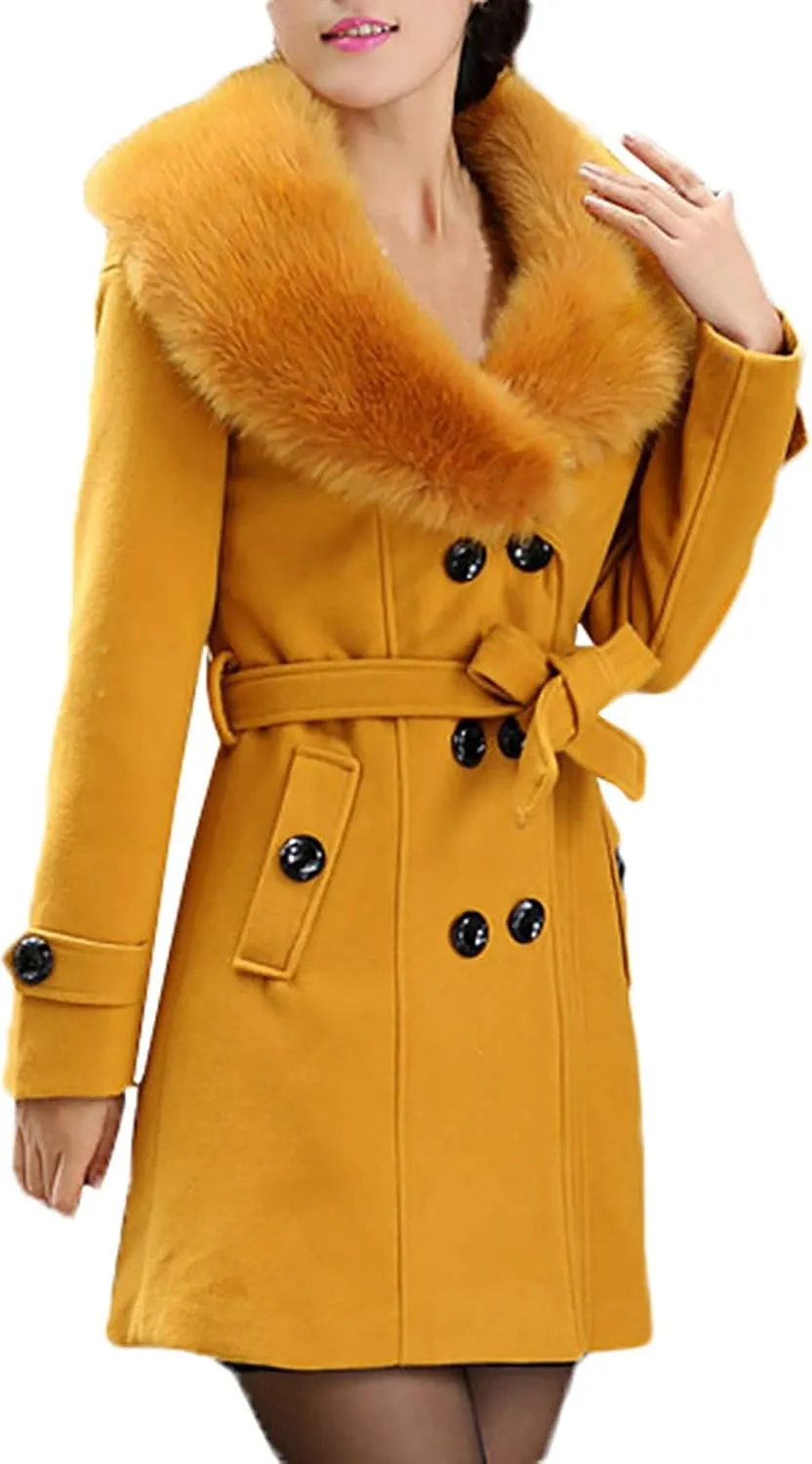 tuduoms Womens Double Breasted Trench Coat Classic Belted Long Pea Coat Elegant Notched Collar Wool Overcoat with Fur Collar