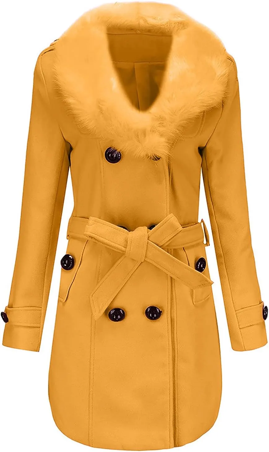 tuduoms Womens Double Breasted Trench Coat Classic Belted Long Pea Coat Elegant Notched Collar Wool Overcoat with Fur Collar