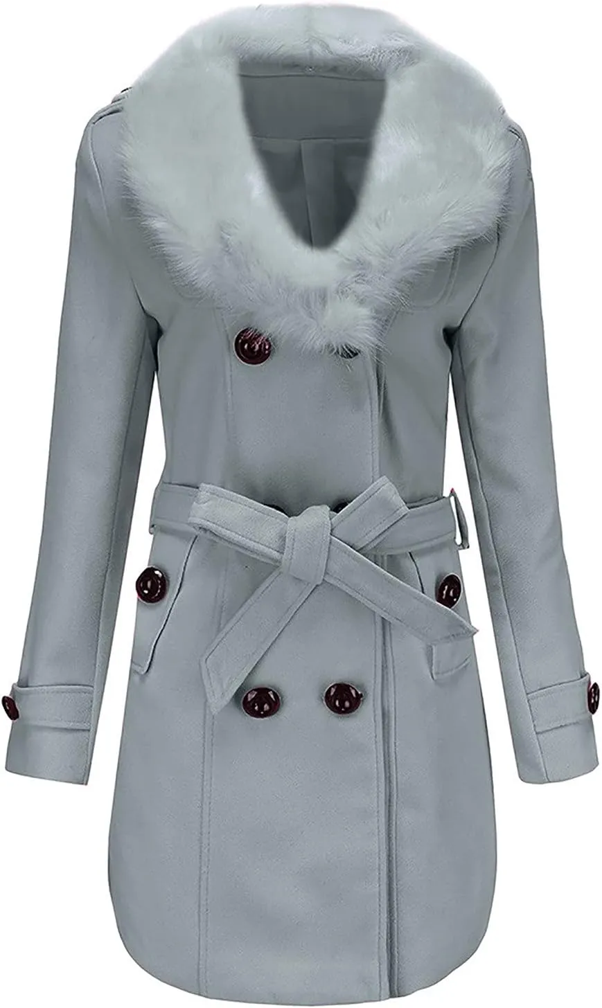 tuduoms Womens Double Breasted Trench Coat Classic Belted Long Pea Coat Elegant Notched Collar Wool Overcoat with Fur Collar