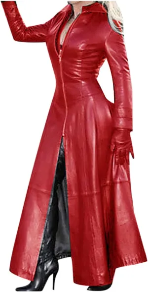 tuduoms Womens Faux Leather Trench Coat Fashion Sexy Zip Up Motocycle Long Jackets Windbreaker Slim Fit Maxi Winter Over Coat