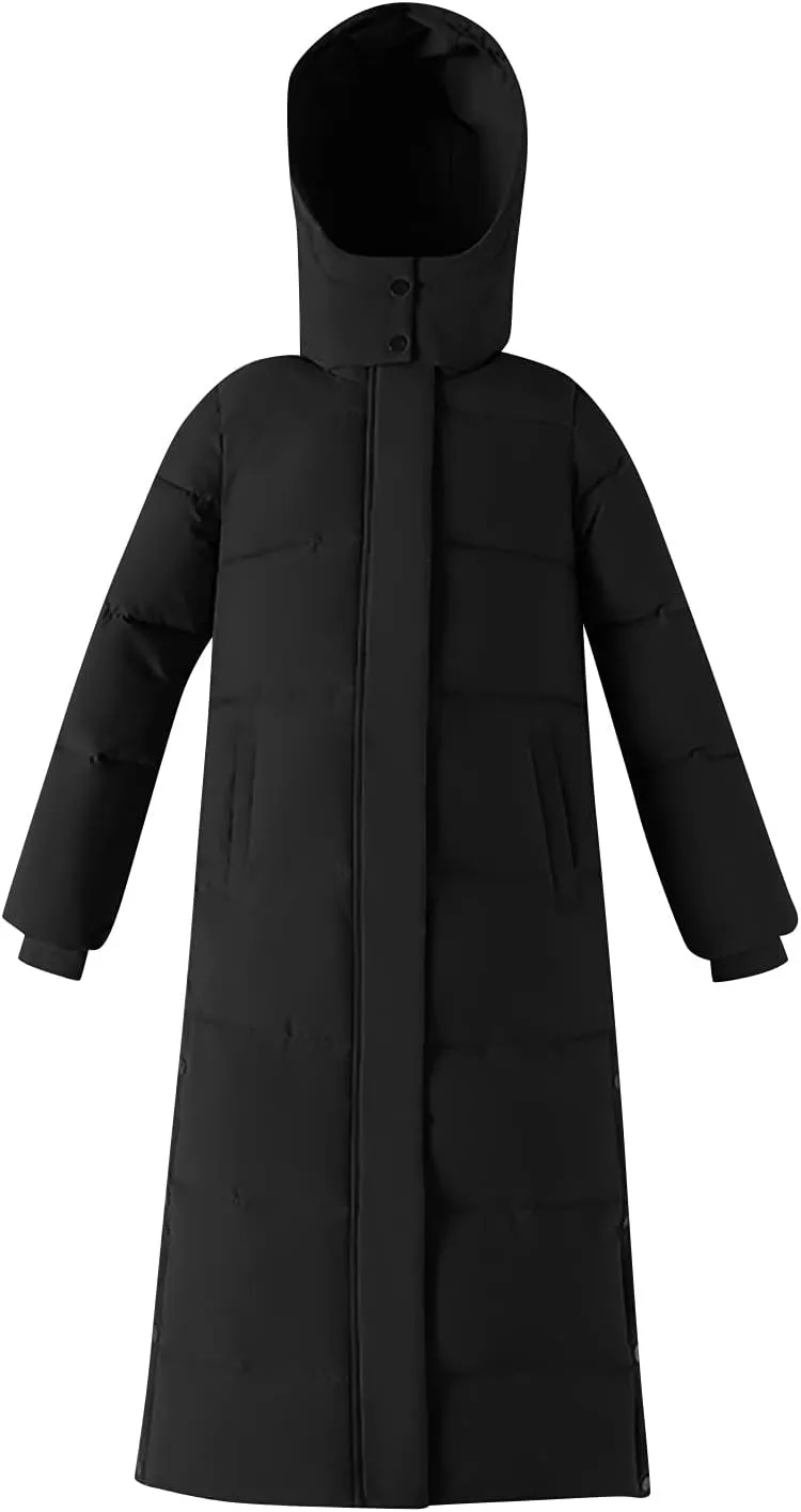 tuduoms Women's Thickened Long Down Jacket, Winter Warm Maxi Puffer Coat for Women, Full-Zip Waterproof Hooded Quilted Parka