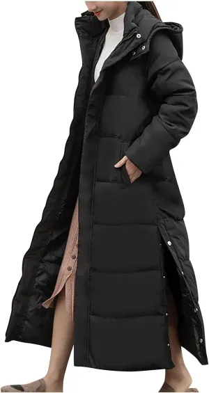 tuduoms Women's Thickened Long Down Jacket, Winter Warm Maxi Puffer Coat for Women, Full-Zip Waterproof Hooded Quilted Parka