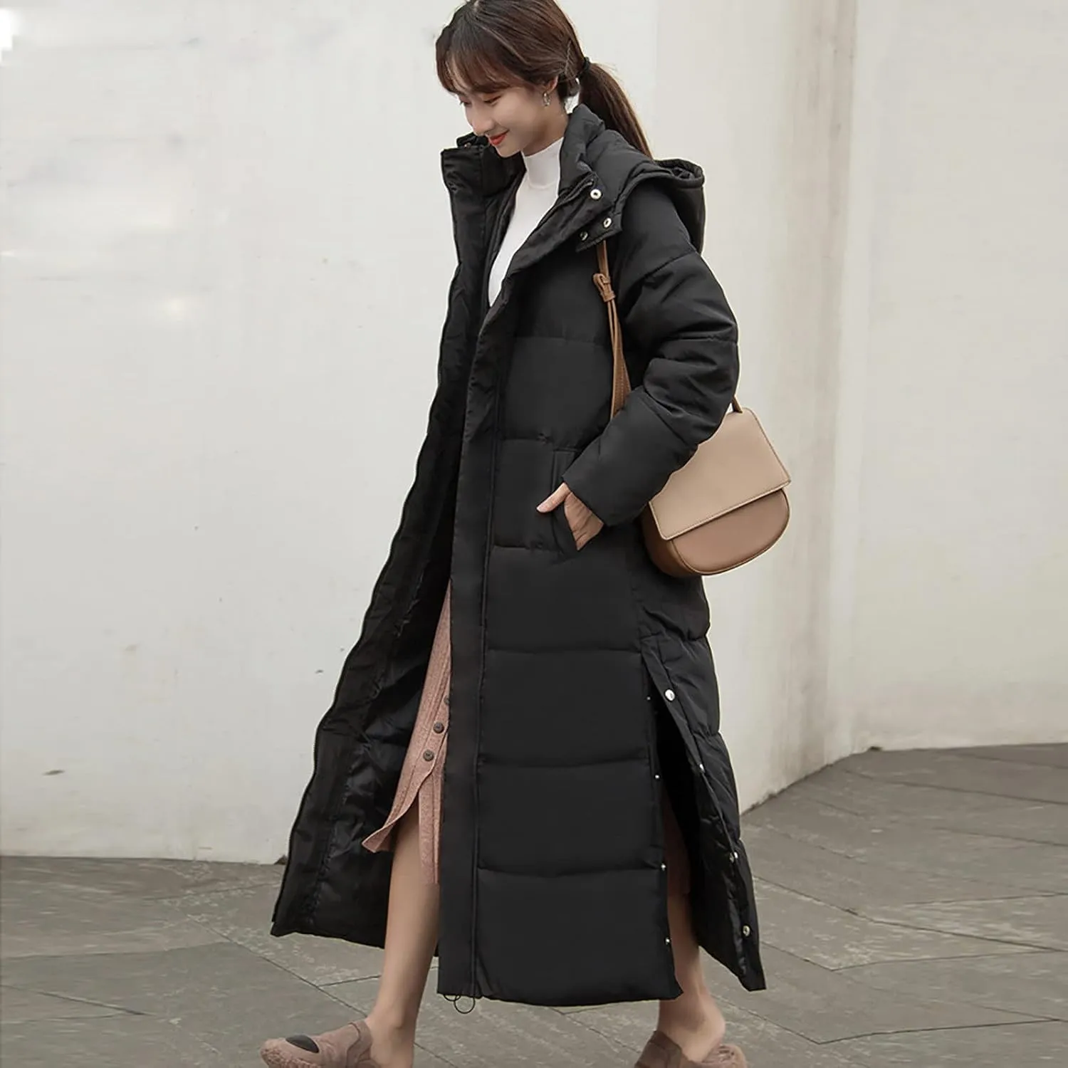 tuduoms Women's Thickened Long Down Jacket, Winter Warm Maxi Puffer Coat for Women, Full-Zip Waterproof Hooded Quilted Parka