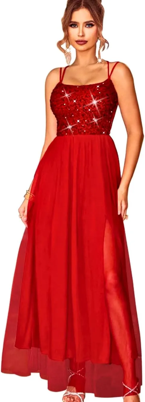 Tulle Prom Dress with Slit,Sequin Backless Long Flowy Dresses for Women,Sexy Sparkly Outfits Homecoming Wedding