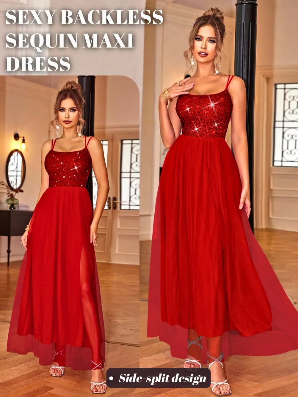 Tulle Prom Dress with Slit,Sequin Backless Long Flowy Dresses for Women,Sexy Sparkly Outfits Homecoming Wedding
